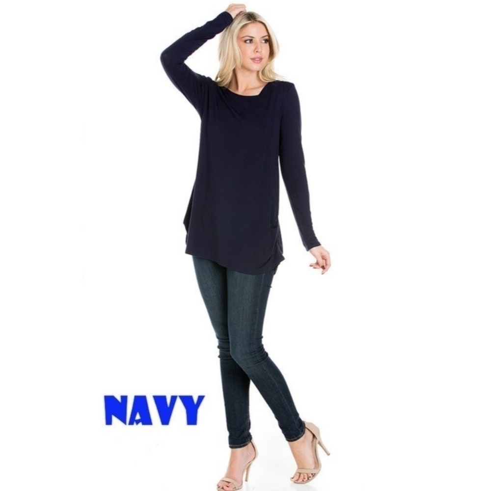 ZENANA Long Sleeve Round Neck Navy Blue Tunic Top Size Small NWT